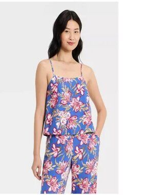 A New Day Linen Blend Strappy Tropical Floral Artwork Cami Tank Top Size M Artsy